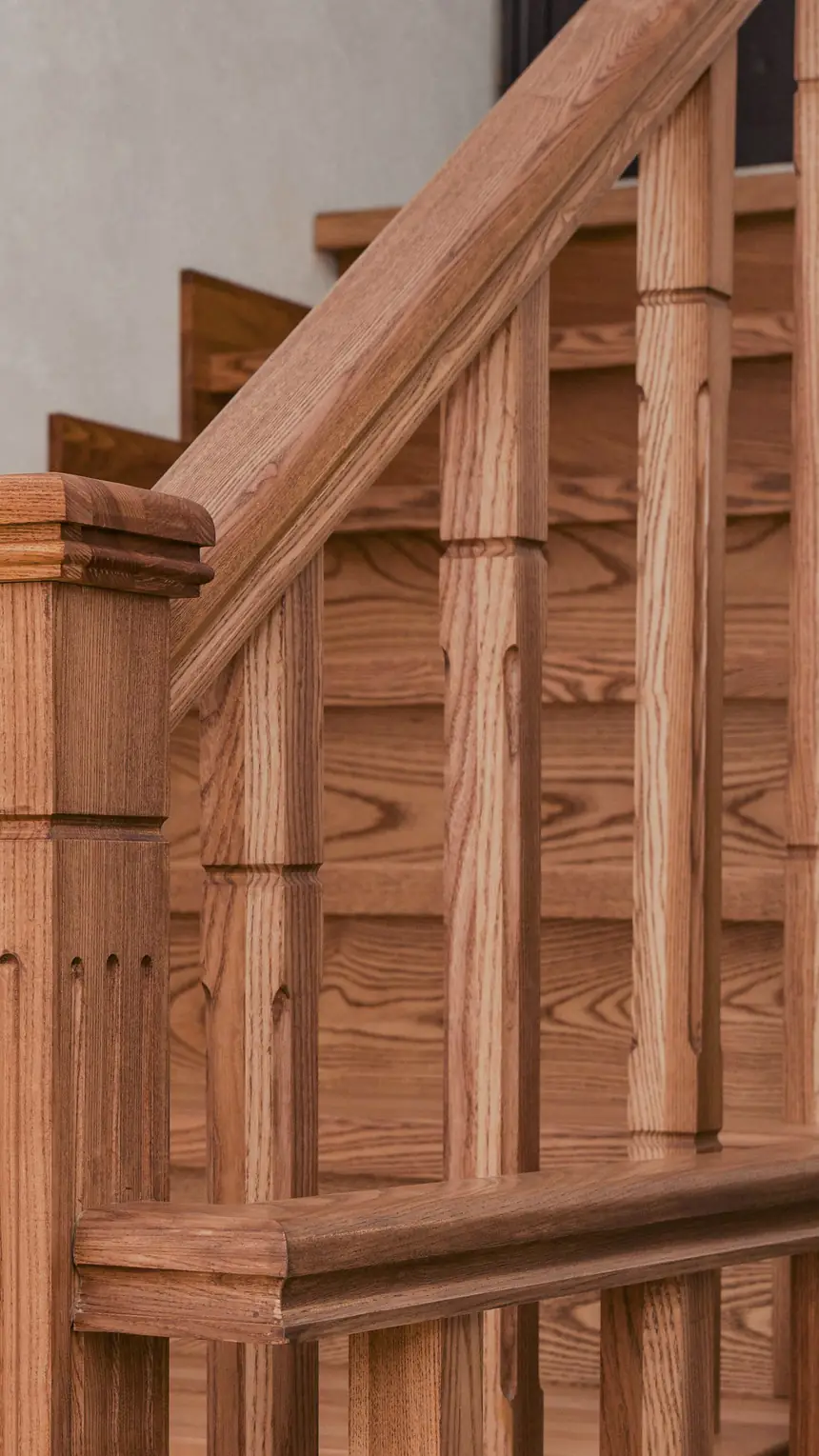 Photo d’illustration : un escalier en bois verni, avec son poteau de départ, sa rampe et ses balustres.