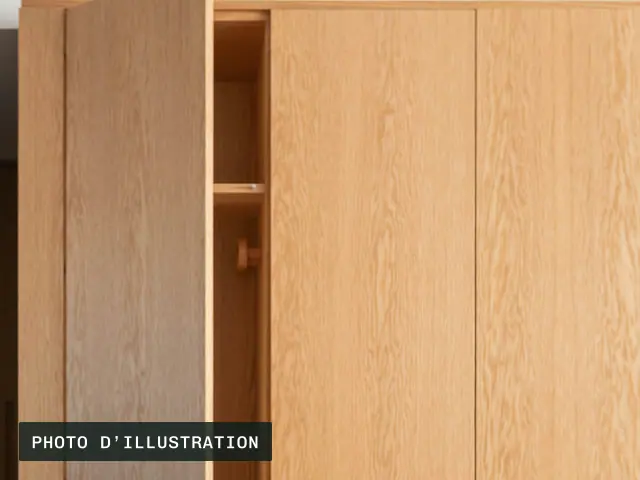 Photo d’illustration : un mur de rangements en chêne, jusqu’au plafond, une porte ouverte sur les étagères.