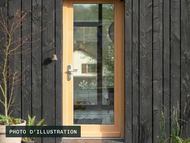 Photo d’illustration : une porte d’entrée vitrée en bois clair, dans une façade en bardage de bois noirci.